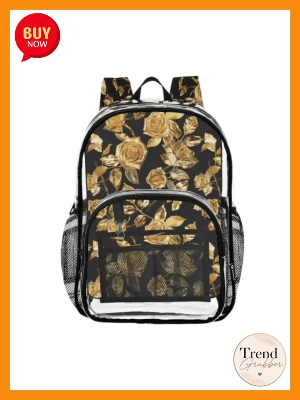 Clear Fashion Backpack with Artistic Floral Print Waterproof PVC Daypack for